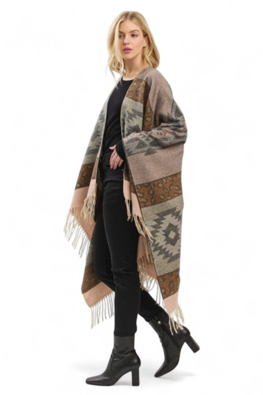Women's Aztec Pattern Fringe Ruana Cardigan Warp Scarf | Zarnesh