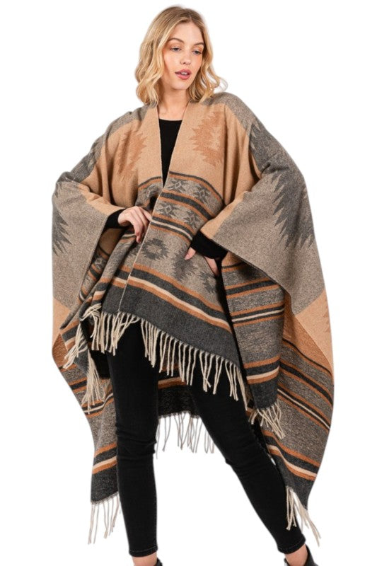 Women’s Aztec Pattern Fringe Ruana Poncho Shawl Wrap | Zarnesh