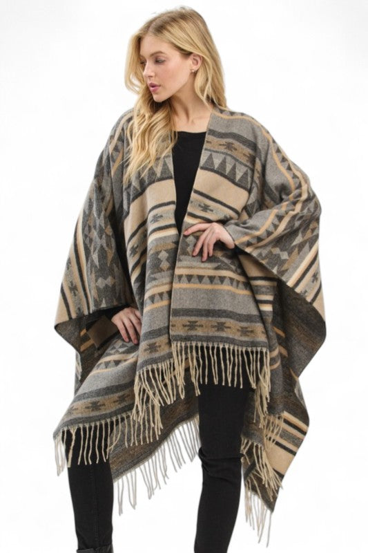 Women's Aztec Pattern Fringe Ruana Open Front Cardigan  | Zarnesh