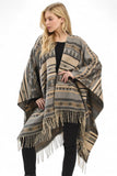 Women's Aztec Pattern Fringe Ruana Open Front Cardigan  | Zarnesh