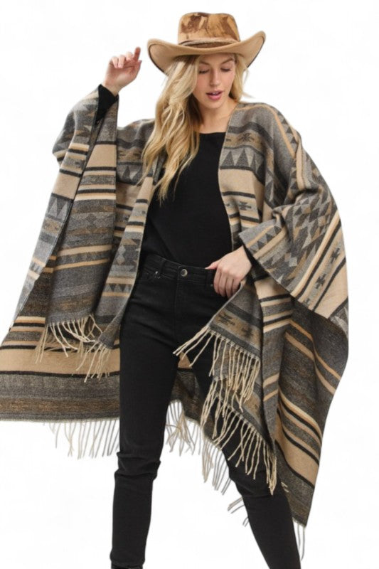 Women's Aztec Pattern Fringe Ruana Open Front Cardigan  | Zarnesh