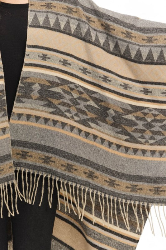 Women's Aztec Pattern Fringe Ruana Open Front Cardigan  | Zarnesh