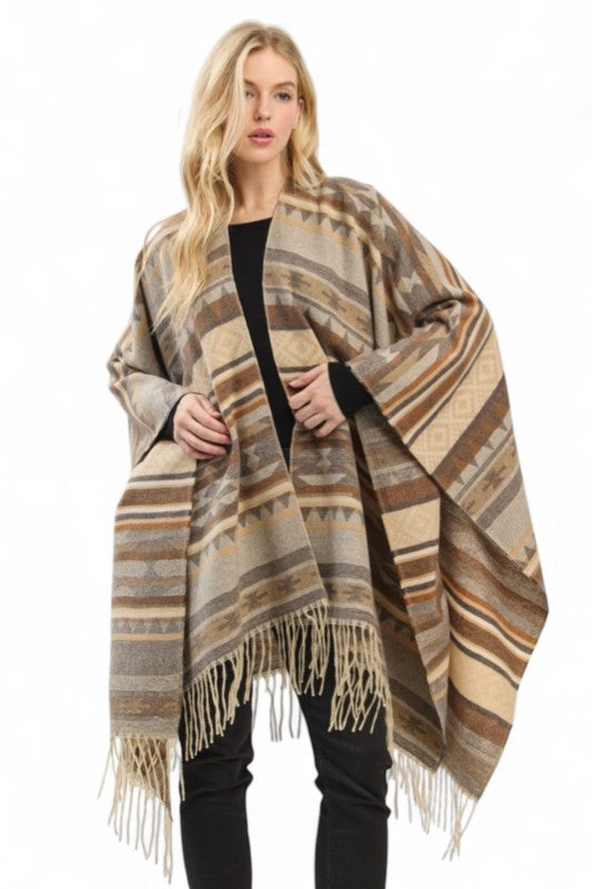 Women's Aztec Pattern Fringe Ruana Open Front Cardigan  | Zarnesh