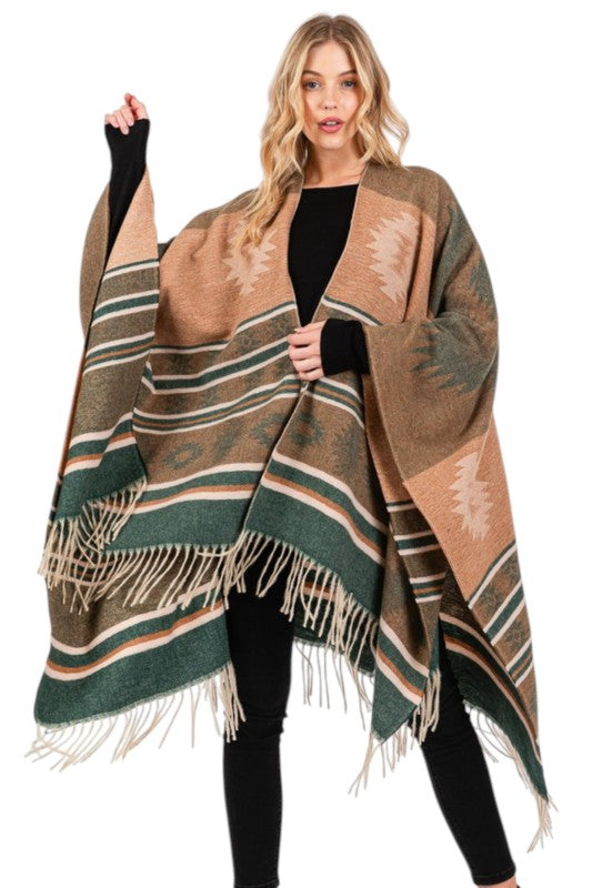 Women’s Aztec Pattern Fringe Ruana Poncho Shawl Wrap | Zarnesh