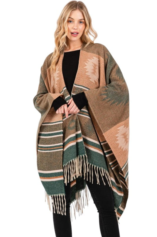 Women’s Aztec Pattern Fringe Ruana Poncho Shawl Wrap | Zarnesh