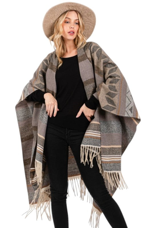 Women’s Aztec Pattern Fringe Ruana Poncho Wrap Shawl | Zarnesh