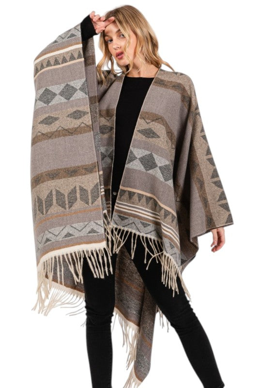 Women’s Aztec Pattern Fringe Ruana Poncho Wrap Shawl | Zarnesh