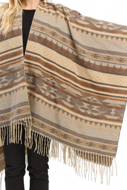 Women's Aztec Pattern Fringe Ruana Open Front Cardigan  | Zarnesh