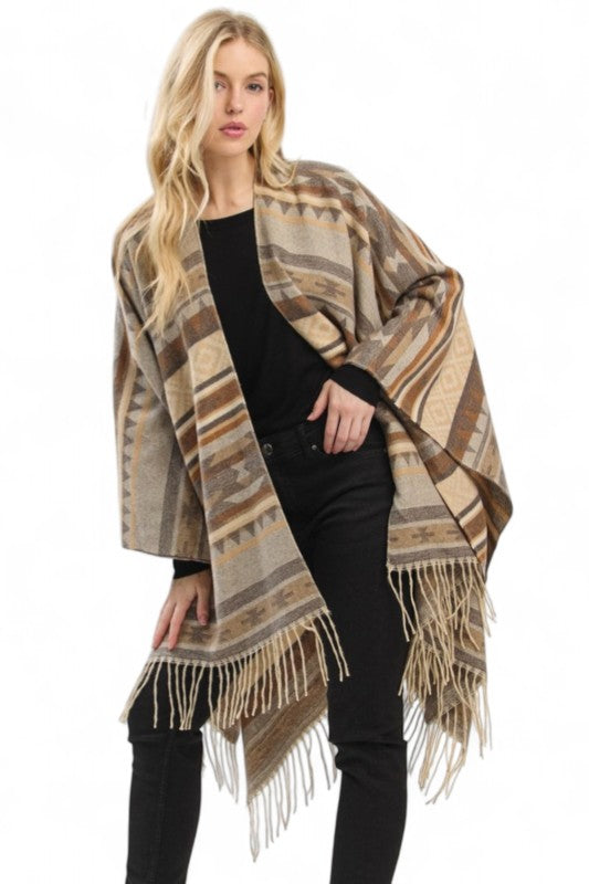 Women's Aztec Pattern Fringe Ruana Open Front Cardigan  | Zarnesh