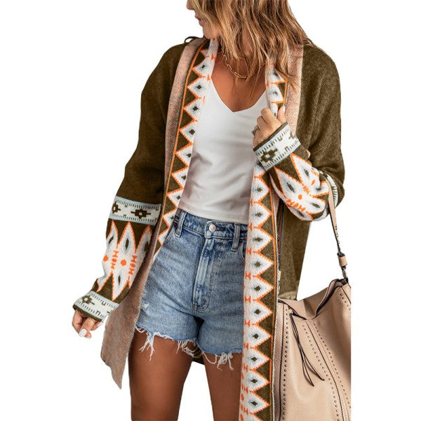 Women’s Aztec Pattern Geometric Open Front Knit Cardigan | Zarnesh