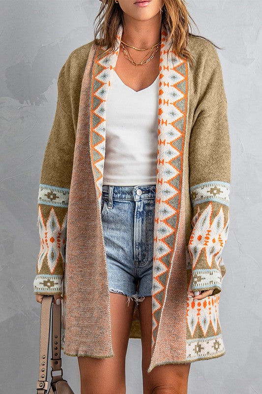 Women’s Aztec Pattern Geometric Open Front Knit Cardigan | Zarnesh