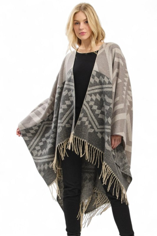 Women's Aztec Pattern Poncho Ruana Cardigan Warp Scarf | Zarnesh