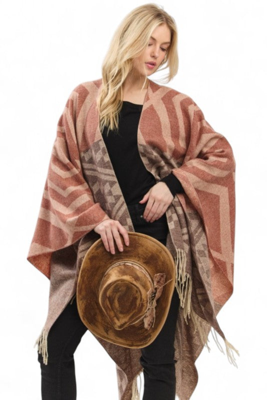 Women's Aztec Pattern Poncho Ruana Cardigan Warp Scarf | Zarnesh