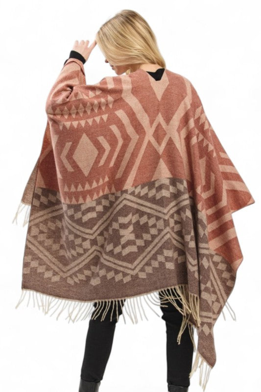 Women's Aztec Pattern Poncho Ruana Cardigan Warp Scarf | Zarnesh