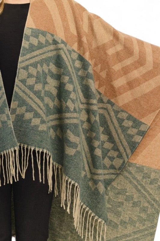 Women's Aztec Pattern Poncho Ruana Cardigan Warp Scarf | Zarnesh