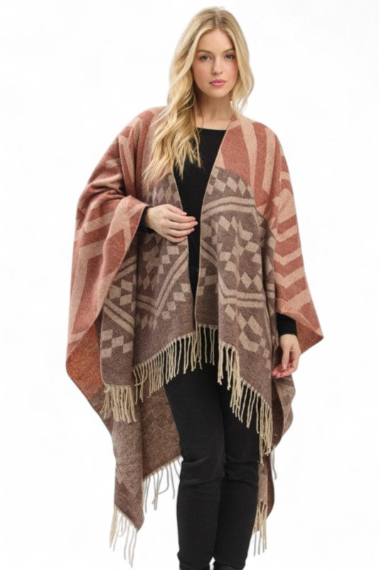 Women's Aztec Pattern Poncho Ruana Cardigan Warp Scarf | Zarnesh