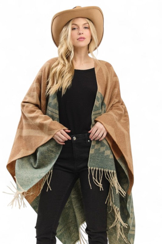 Women's Aztec Pattern Poncho Ruana Cardigan Warp Scarf | Zarnesh
