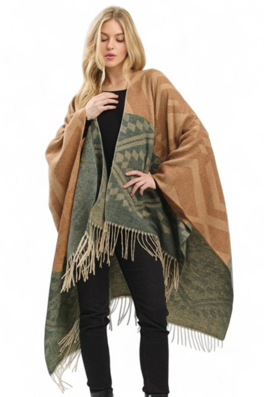 Women's Aztec Pattern Poncho Ruana Cardigan Warp Scarf | Zarnesh