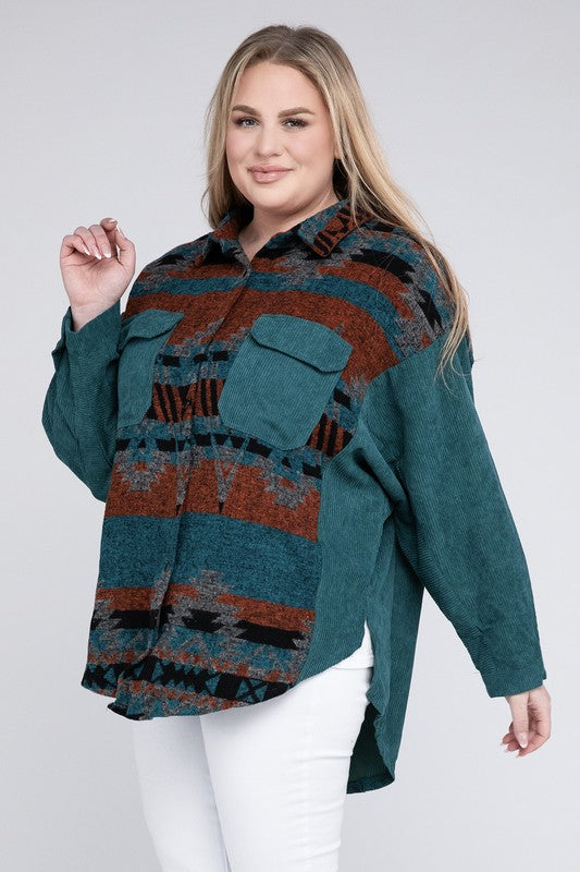 Women’s Aztec Plus Printed Button Down Long Sleeve Jacket | Zarnesh