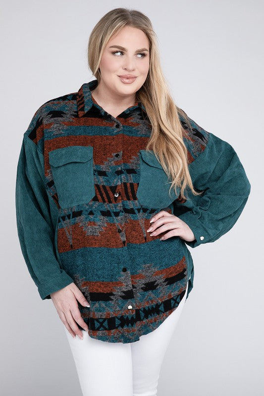 Women’s Aztec Plus Printed Button Down Long Sleeve Jacket | Zarnesh