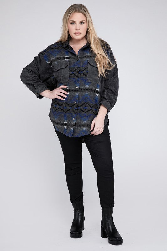 Women’s Aztec Plus Printed Button Down Long Sleeve Jacket | Zarnesh
