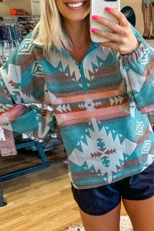 Women’s Aztec Print Elastic Cuffs Fleece Quarter-Zip Sweatshirt | Zarnesh
