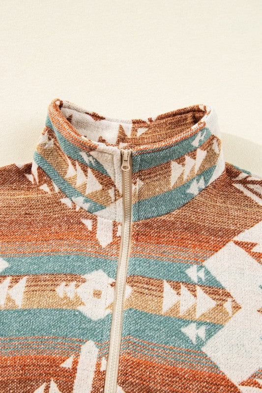 Women’s Aztec Print Elastic Cuffs Fleece Quarter-Zip Sweatshirt | Zarnesh