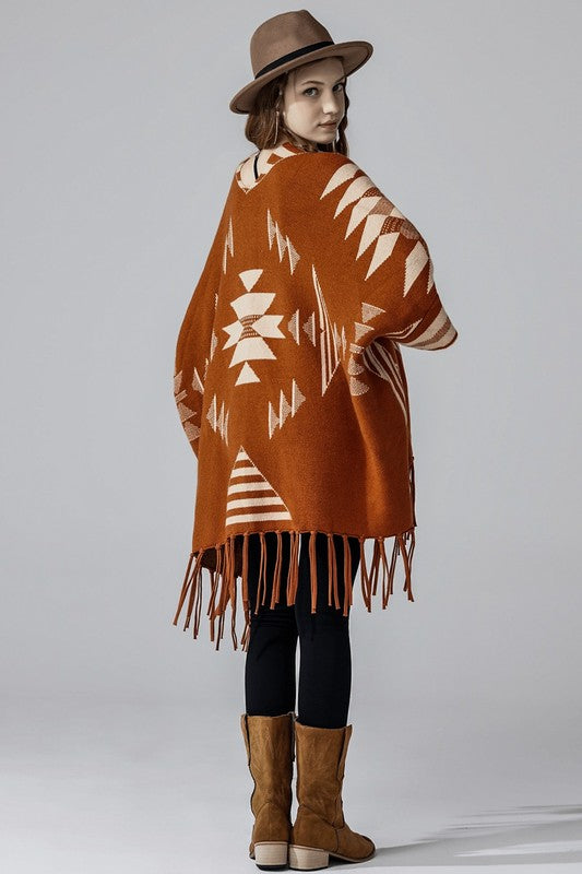 Women’s Aztec Print Open Front Fringe Poncho Sweater Cardigan | Zarnesh