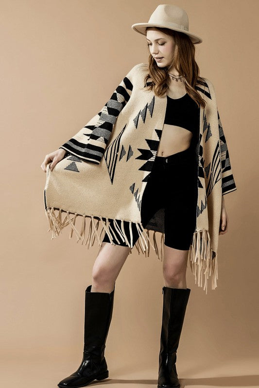 Women’s Aztec Print Open Front Fringe Poncho Sweater Cardigan | Zarnesh