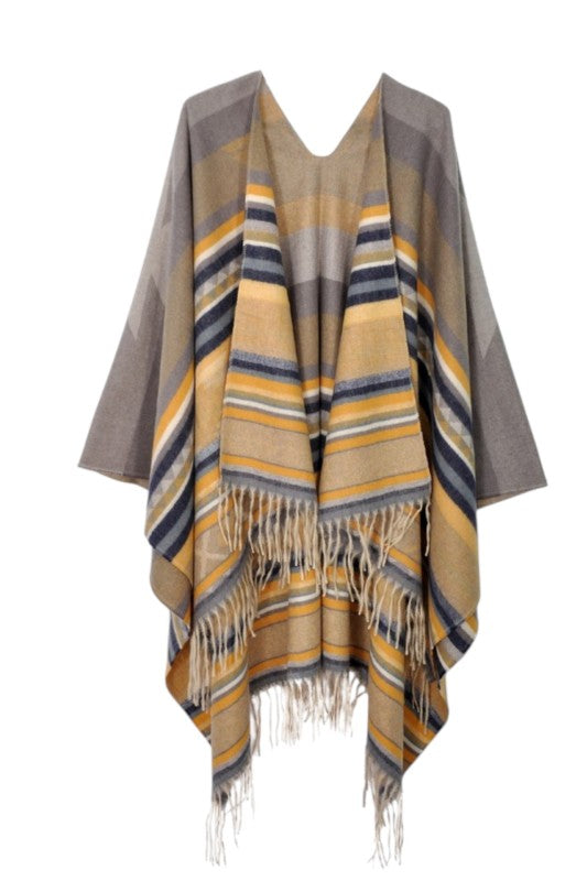 Women’s Aztec Striped Fringe Ruana Poncho Shawl Scarf | Zarnesh