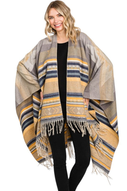 Women’s Aztec Striped Fringe Ruana Poncho Shawl Scarf | Zarnesh