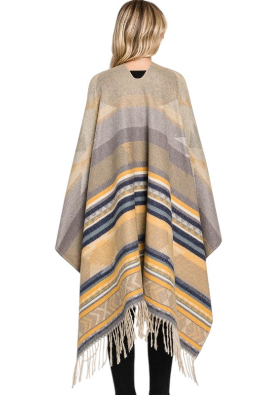 Women’s Aztec Striped Fringe Ruana Poncho Shawl Scarf | Zarnesh
