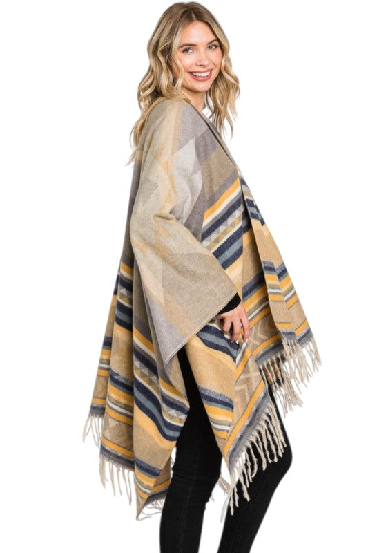 Women’s Aztec Striped Fringe Ruana Poncho Shawl Scarf | Zarnesh