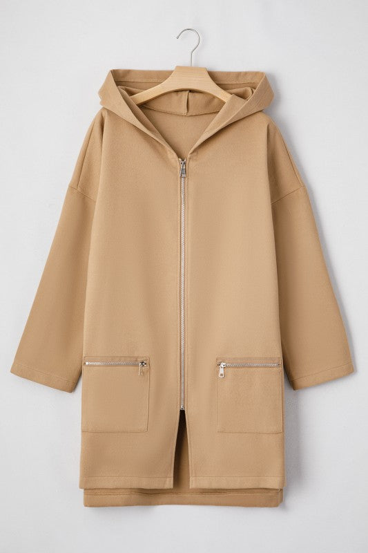 Women’s Beige Solid Casual Longline Hooded Zip Up Coat | Zarnesh