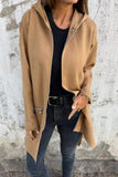 Women’s Beige Solid Casual Longline Hooded Zip Up Coat | Zarnesh