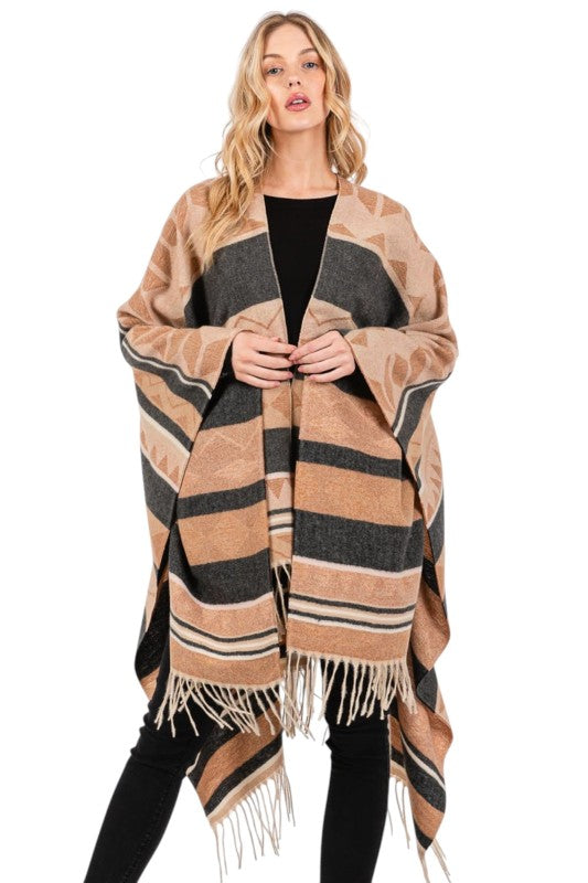 Women’s Aztec Pattern Fringe Ruana Poncho Wrap Shawl | Zarnesh