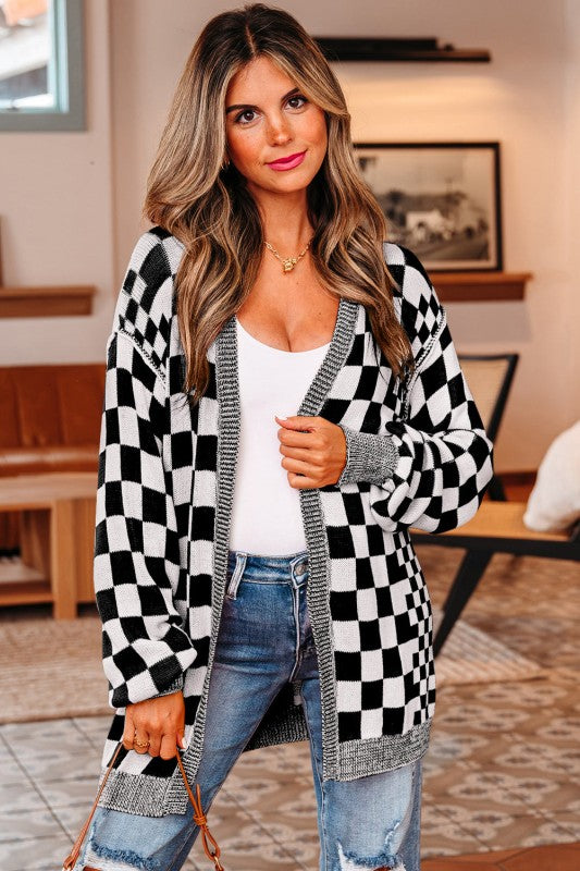 Women’s Checker Open Front Drop Shoulder Cardigan Sweater | Zarnesh