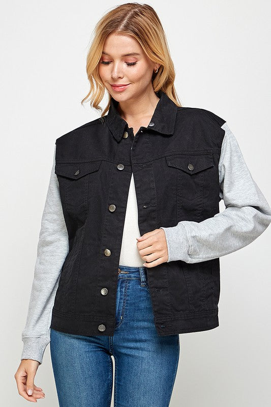 Women’s Black Denim Jacket with Fleece Hood | Zarnesh