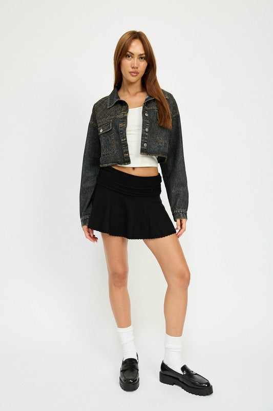Women’s Embroidered Cropped Button Down Denim Jacket | Zarnesh