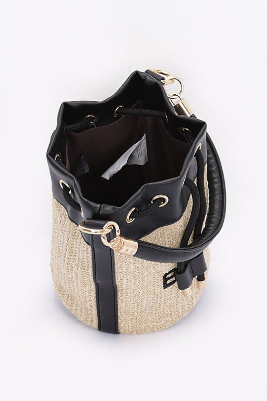 Women's Faux Straw Leather Accents Drawstring Bucket Bag | Zarnesh