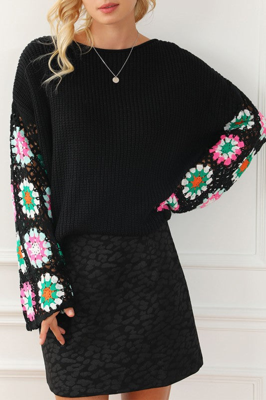 Women’s Floral Crochet Bell Sleeve Loose Pullover Sweater | Zarnesh