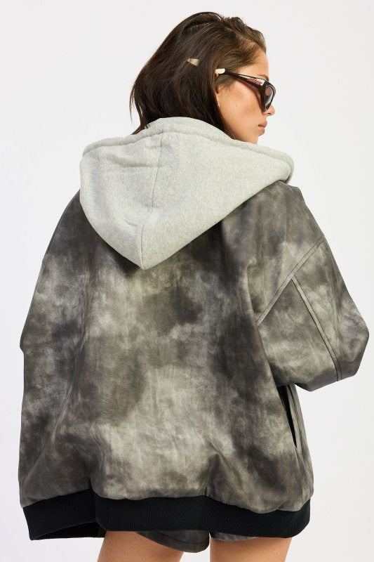 Women’s Mixed Media Bomber Hooded Acid Wash Jacket | Zarnesh