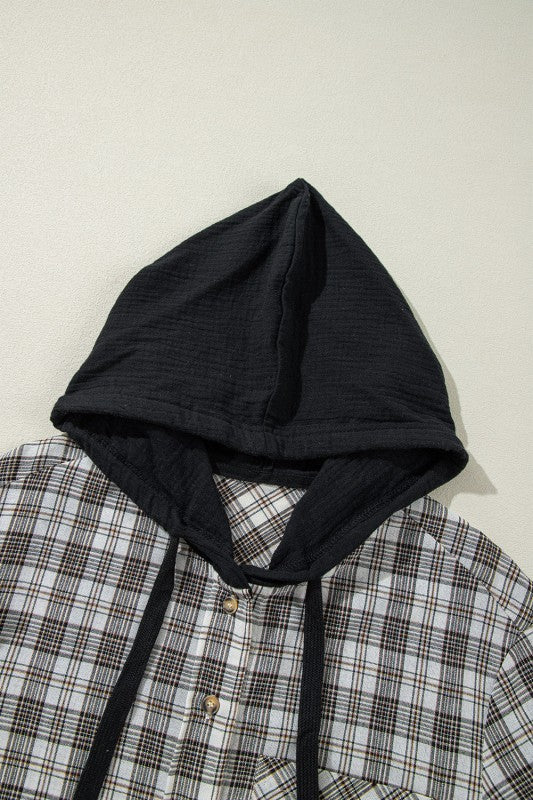 Women’s Plaid Checker Button Up Hooded Shacket | Zarnesh