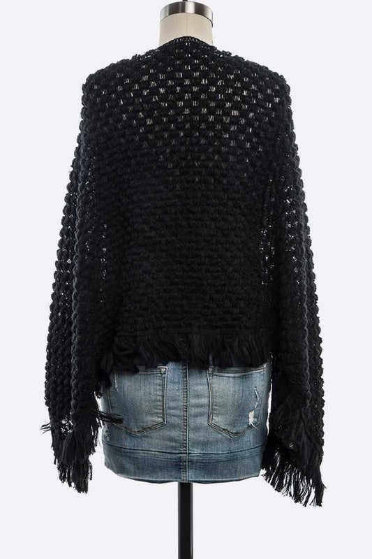 Women's Black Popcorn Open Knit Fringe Poncho | Zarnesh