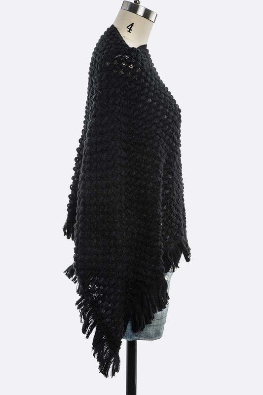 Women's Black Popcorn Open Knit Fringe Poncho | Zarnesh