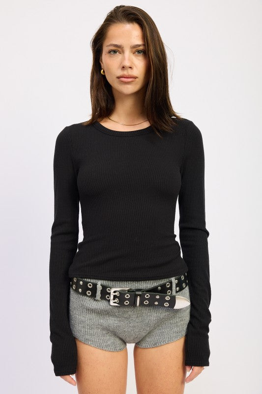 Women’s Black Ribbed Long Sleeve Stylish Back Cut Top | Zarnesh