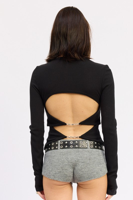 Women’s Black Ribbed Long Sleeve Stylish Back Cut Top | Zarnesh