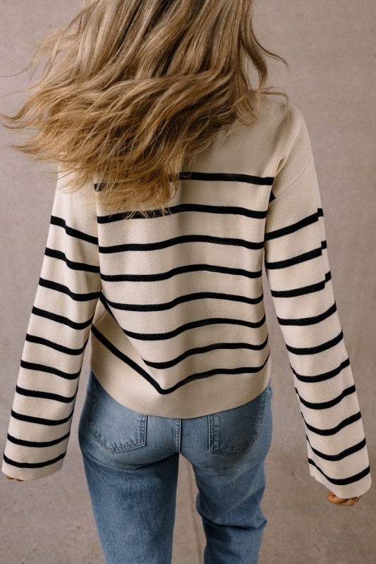 Women's Black Stripe Flap Pocket Buttoned Cardigan | Zarnesh
