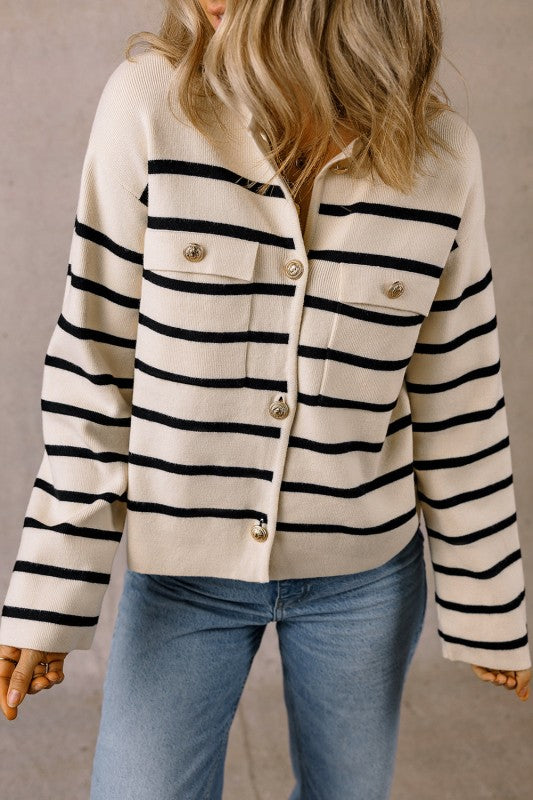 Women's Black Stripe Flap Pocket Buttoned Cardigan | Zarnesh
