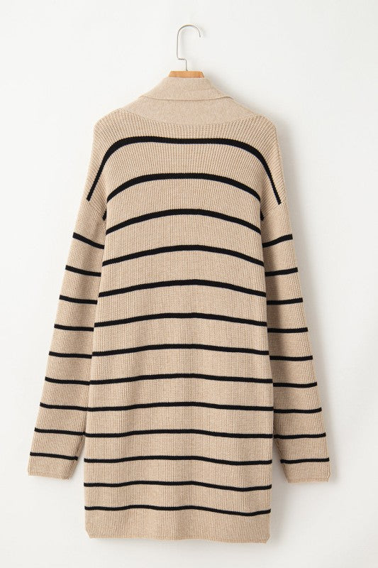 Women’s Stripe Shawl Neck Pocketed Open Cardigan | Zarnesh